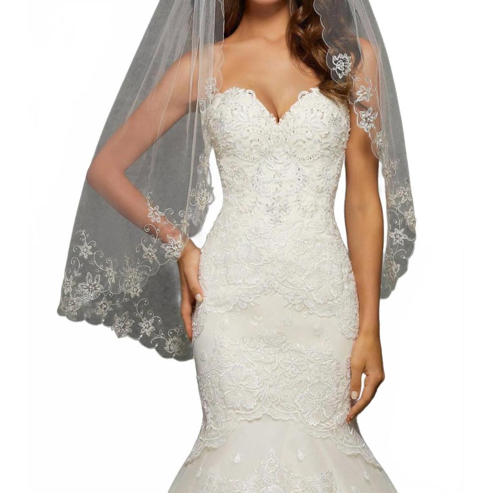 NEW MORILEE fingertip embroidered pearl and rhinestone wedding veil in ivory
